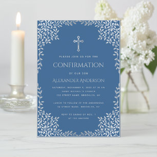 Boy Confirmation Classic Blue Silver Leaves Cross Invitation