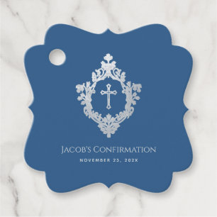 Boy Confirmation Classic Blue Vintage Cross Crest Favour Tags