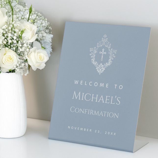 Boy Confirmation Dusty Blue Elegant Cross in Crest Pedestal Sign (Creator Uploaded)