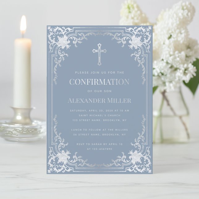 Boy Confirmation Dusty Blue Faux Silver Religious Invitation (Creator Uploaded)