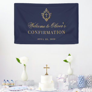 Boy Confirmation Elegant Navy Blue Faux Gold Crest Banner
