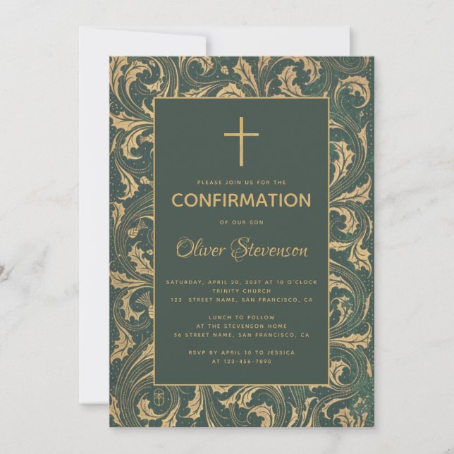 Boy Confirmation Gold Cross Green Vintage Thistle Invitation (Front)
