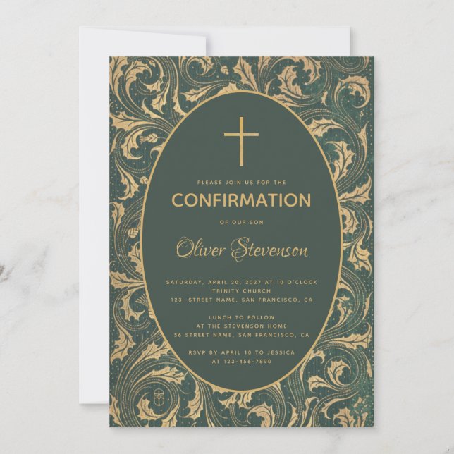 Boy Confirmation Gold Thistle Cross Elegant Green Invitation (Front)