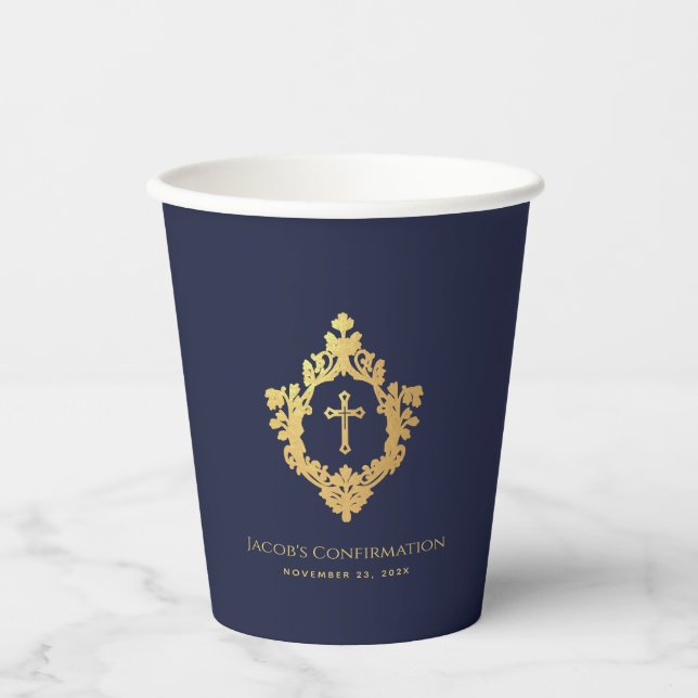Boy Confirmation Navy Blue Crest Cross Faux Gold Paper Cups (Front)