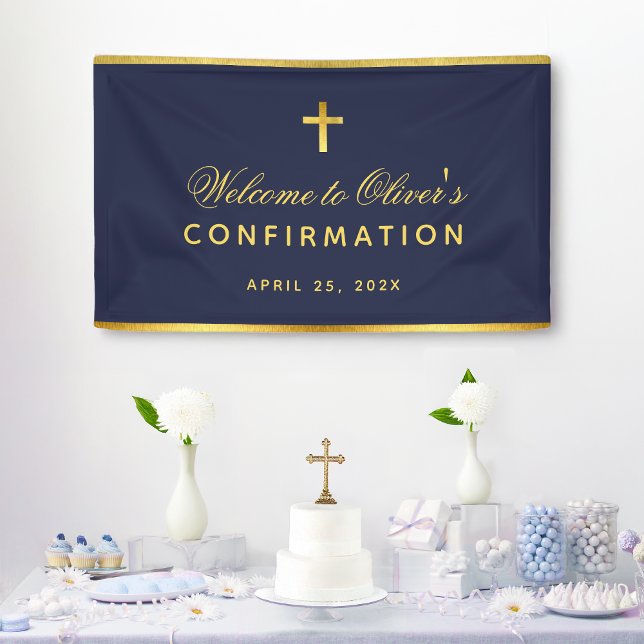 Boy Confirmation Navy Blue Faux Gold Cross Welcome Banner (Creator Uploaded)