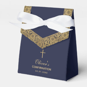 Boy Confirmation Navy Blue Gold Roses Vintage Favour Box