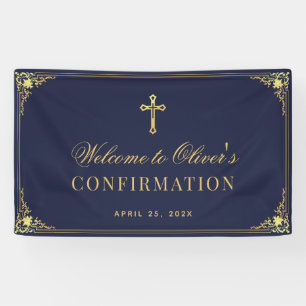 Boy Confirmation Navy Blue Vintage Faux Gold Cross Banner