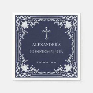 Boy Confirmation Navy Blue Vintage Faux Silver Napkin