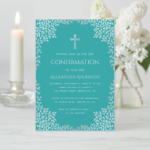 Boy Confirmation Teal Faux Silver Leaves Religious Invitation