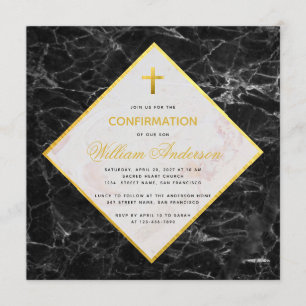 Boy Confirmation White Black Marble Faux Gold Foil Invitation