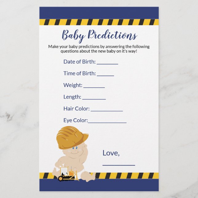Boy Construction Baby Shower Predictions Game (Front)