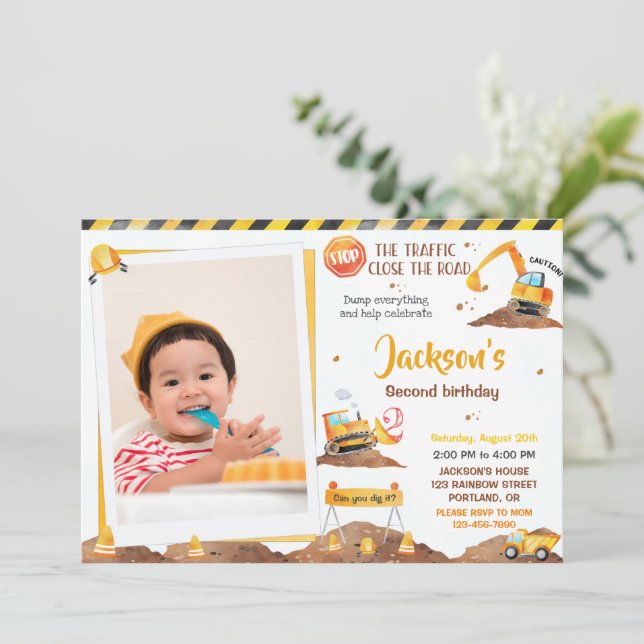 Boy construction birthday invitation with photo (Standing Front)