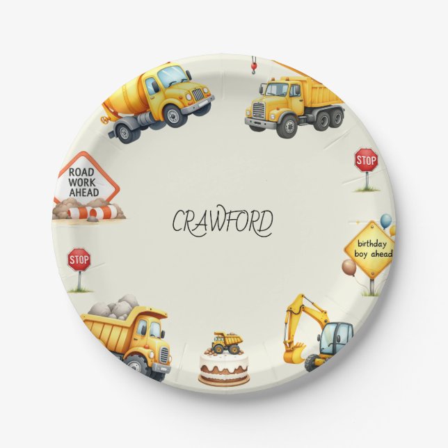 Boy Construction Birthday Party Paper Plate (Front)