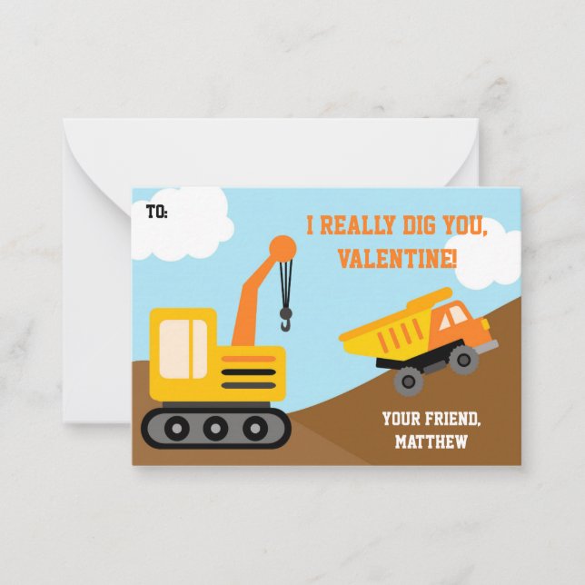 Boy Construction Truck School Classroom Valentines Card (Front)