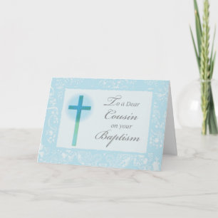 Boy Cousin Baptism Congratulations Cross and Lace Card