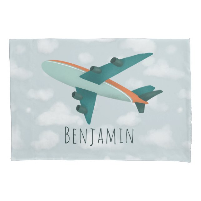 Boy Cute and Modern Blue Aeroplane Kids Pillowcase (Front)