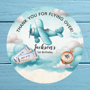 Boy Cute Blue Aeroplane Travel Kids Birthday Custo Classic Round Sticker