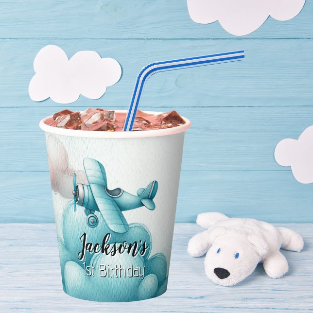 Boy Cute Blue Aeroplane Travel Kids Birthday Custo Paper Cups (Creator Uploaded)