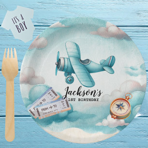 Boy Cute Blue Aeroplane Travel Kids Birthday Custo Paper Plate