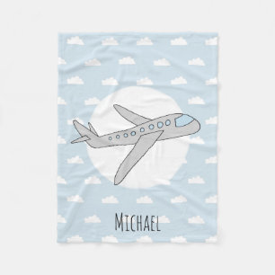 Boy Cute Blue Aeroplane with Name Kids Fleece Blanket