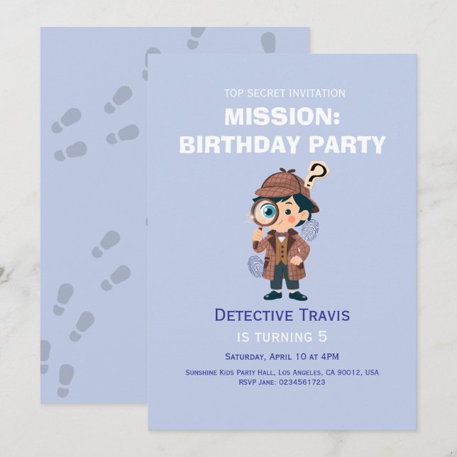 Boy Cute Detective Birthday Invitation (Front/Back)