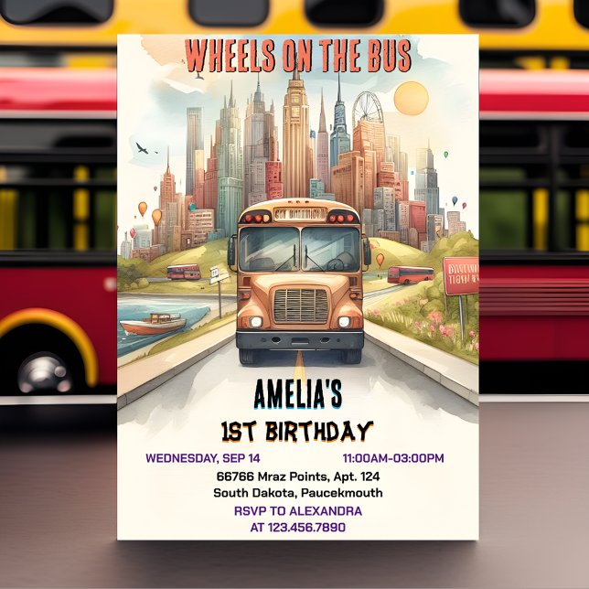 Boy Cute Girl Tour City Party Bus 1st Birthday Invitation (Creator Uploaded)