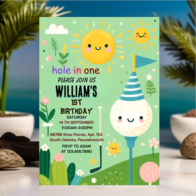 boy cute golf hole in one first 1st birthday invitation (Creator Uploaded)