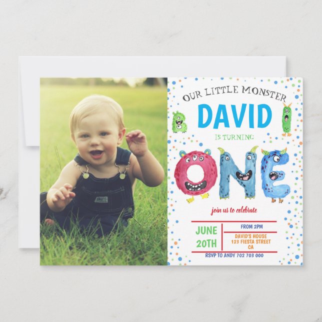 Boy Cute Little Monster First Birthday with Photo Invitation (Front)