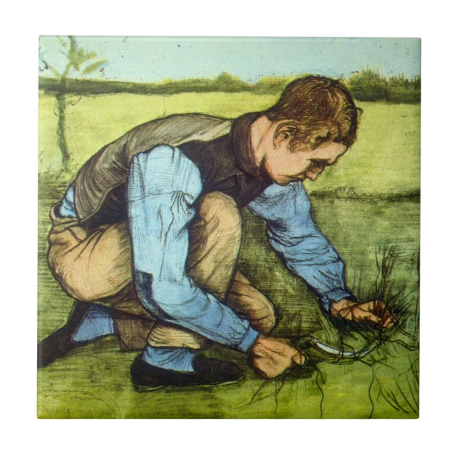 Boy Cutting Grass with Sickle by Vincent van Gogh Ceramic Tile (Front)