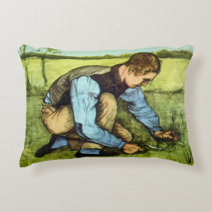 Boy Cutting Grass with Sickle by Vincent van Gogh Decorative Cushion