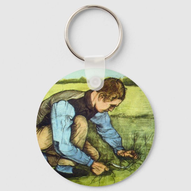 Boy Cutting Grass with Sickle by Vincent van Gogh Key Ring (Front)