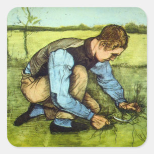 Boy Cutting Grass with Sickle by Vincent van Gogh Square Sticker