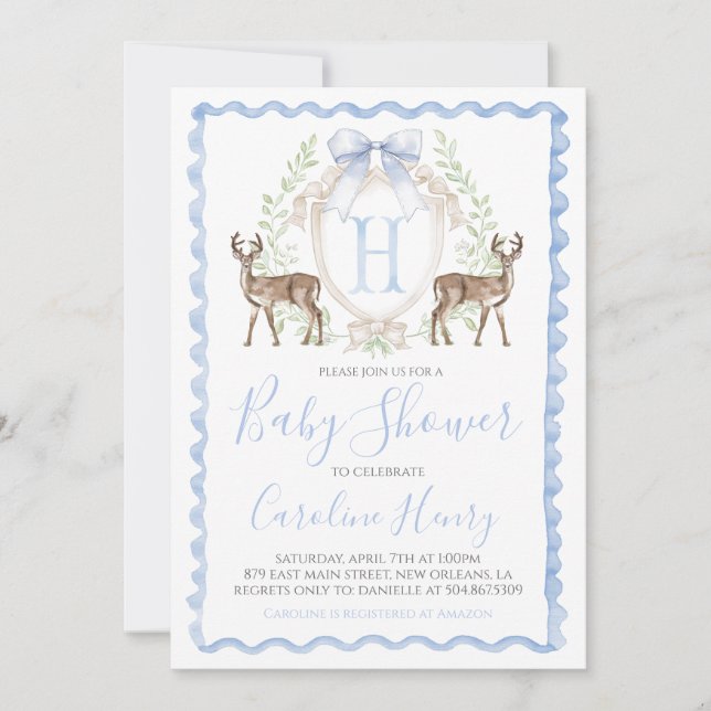 Boy Deer Baby Shower Preppy Gingham Blue Invitation (Front)