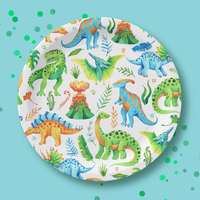 Boy Dino Party T rex, Stegosaurus, Triceratops Paper Plate (Watercolor Dinosaurs Green, Orange, Blue Paper Plates)