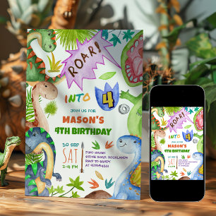 Boy Dinosaur 4th Birthday Invitation