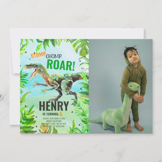 Boy Dinosaur Birthday Photo Invitation (Front)