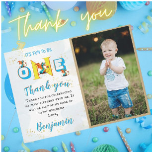 Boy Dinosaur Personalised Photo First Birthday  Thank You Card