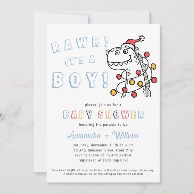 Boy Dinosaur Winter Christmas Coed Baby Shower Invitation (Front)