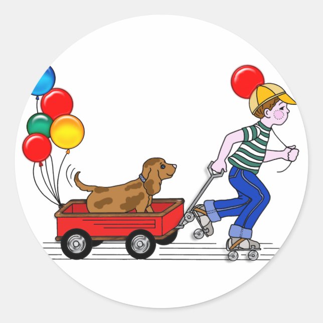 Boy, Dog, Wagon and Balloons copy Classic Round Sticker (Front)