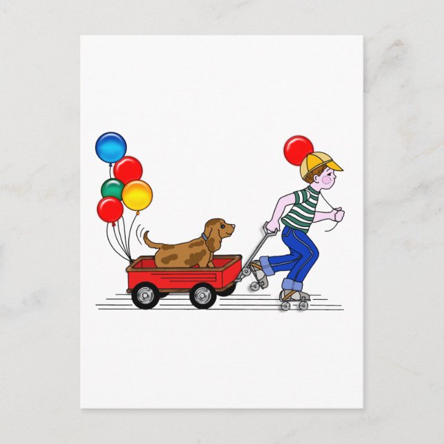 Boy, Dog, Wagon and Balloons copy Postcard (Front)