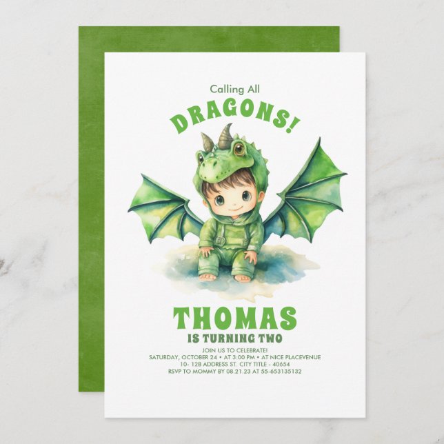 Boy Dragon Birthday Invitations (Front/Back)