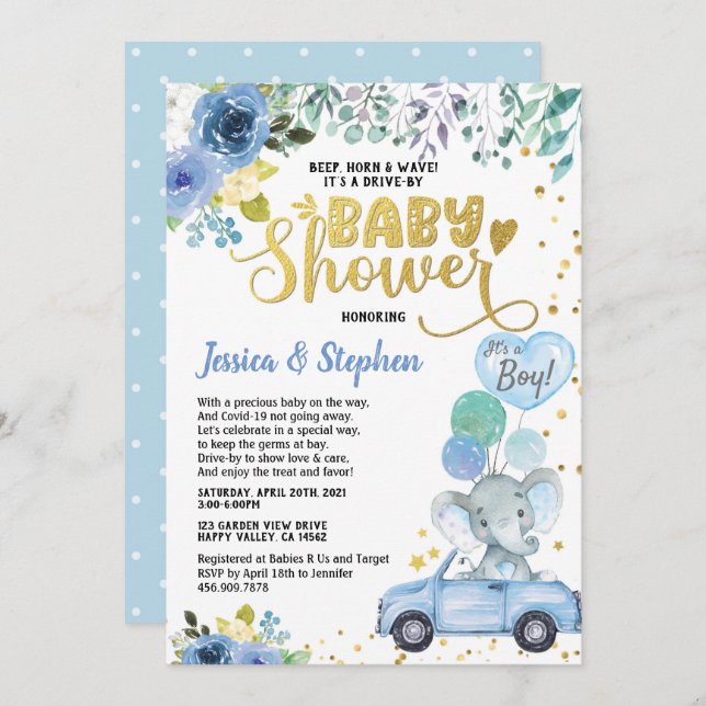 Boy Drive By Baby Shower Parade Blue Elephant Invitation (Front/Back)