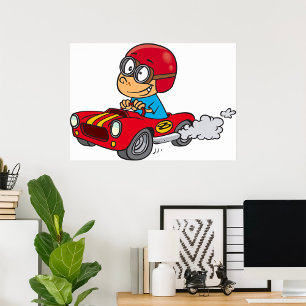 Boy Driving Red Race Car Poster