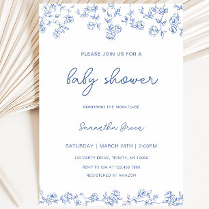Boy Dusty Blue Floral Chinoiserie Baby Shower Invitation