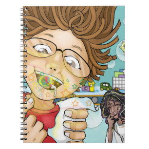 Boy eating candies, (black) tooth fairy, toys notebook