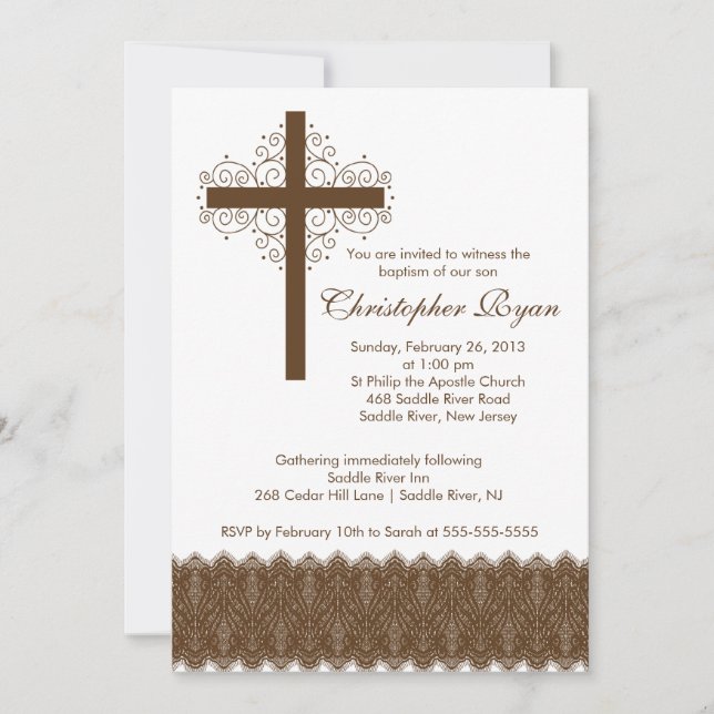 Boy Elegant Lace  Baptism | Christening Cross Invitation (Front)