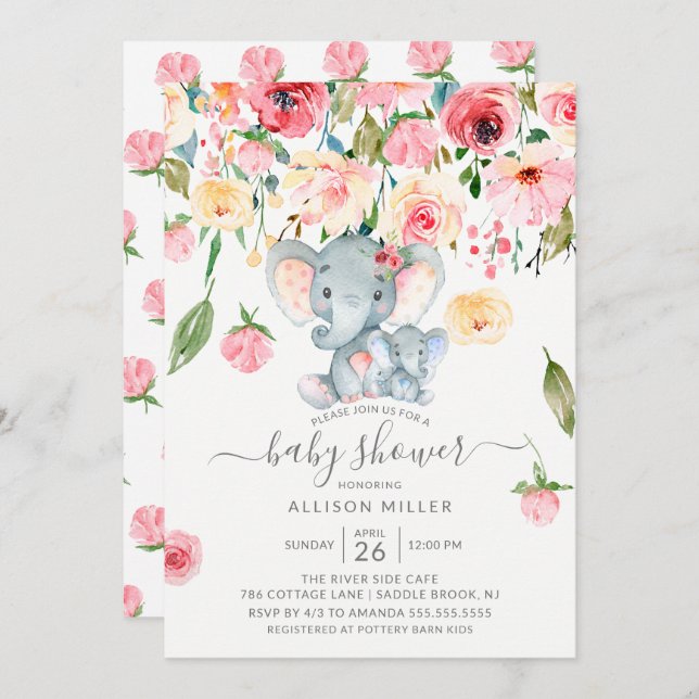 Boy Elephant and Mum Pink Peonies Baby Shower Invitation (Front/Back)