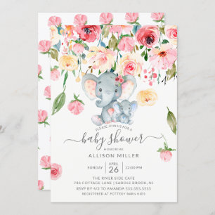 Boy Elephant and Mum Pink Peonies Baby Shower Invitation