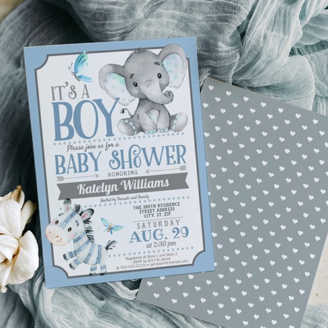 Boy Elephant and Zebra Baby Shower Invitation (Creator Uploaded)