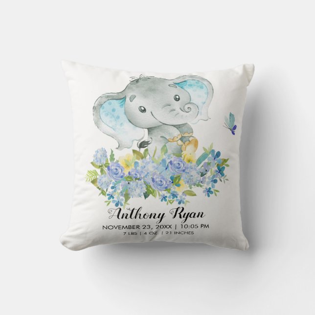 Boy Elephant Baby Birth Stats Pillow (Front)